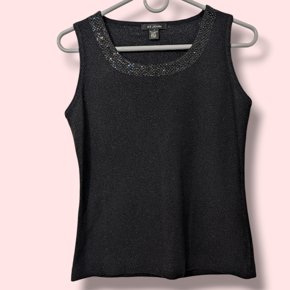 St. John Black Shimmery Metallic Wool Blend Beaded Round Neck Knit Tank Evening